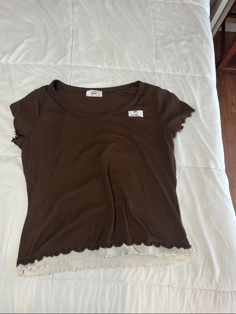 Electric Family Brown Ribbed Short Sleeve Tee with Lettuce Hem #84